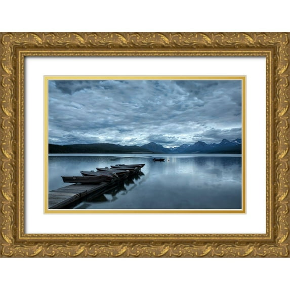 Jones, Adam 32x23 Gold Ornate Wood Framed with Double Matting Museum Art Print Titled - Dock and Lake McDonald-Glacier National Park-Montana