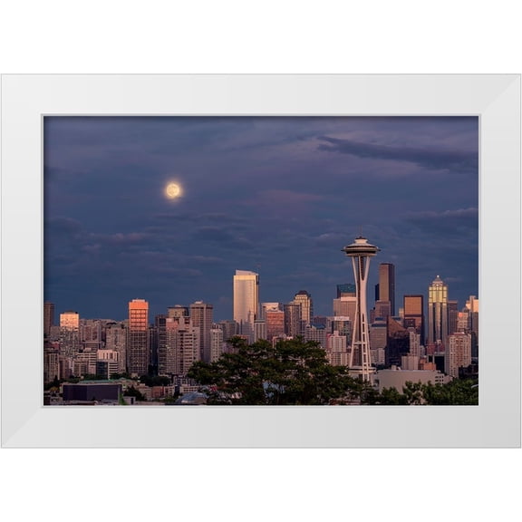 Jones, Adam 32x23 White Modern Wood Framed Museum Art Print Titled - Seattle skyline and super moon at dusk-Seattle-Washington State