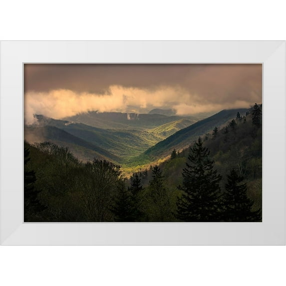 Jones, Adam 32x23 White Modern Wood Framed Museum Art Print Titled - Sunrise view of Oconaluftee Valley-Great Smoky Mountains National Park-North Carolina