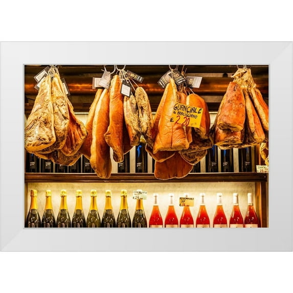 Jones, Alison 18x13 White Modern Wood Framed Museum Art Print Titled - Italy-Rome Piazza della Rotunda-meat (hams) and wine for sale at Salami Antica