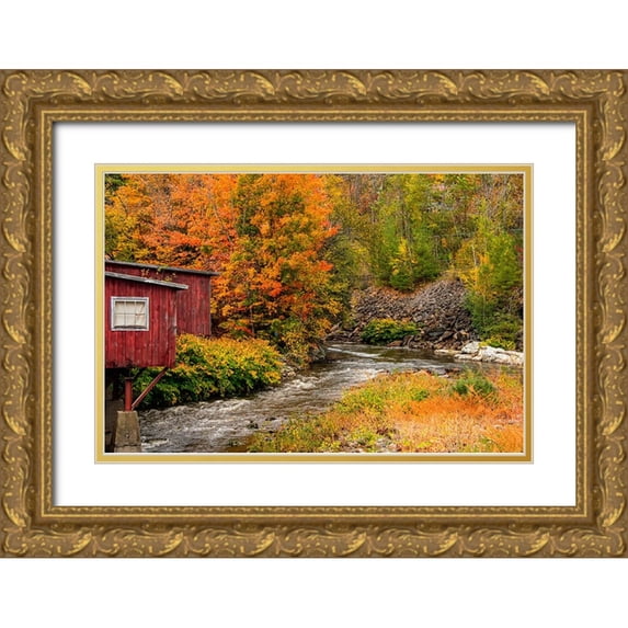 Jones, Allison 24x17 Gold Ornate Wood Framed with Double Matting Museum Art Print Titled - USA-Vermont-Stowe-red mill on Little River as it flows south of Stowe to Winooski River-fall foliage