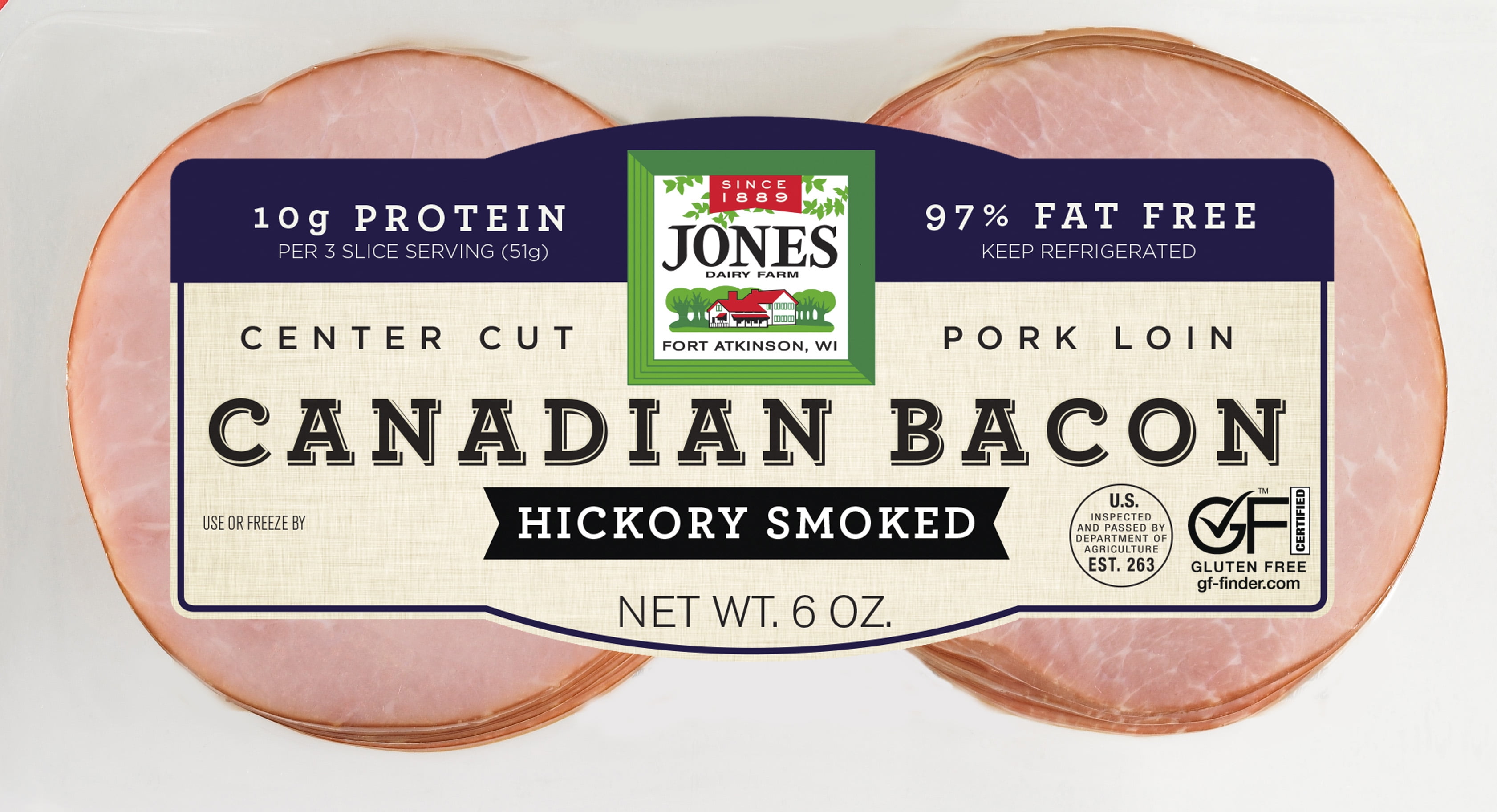 Jones Dairy Farm Hickory Smoked Canadian Pork Loin Bacon, 6 oz, 9 Count