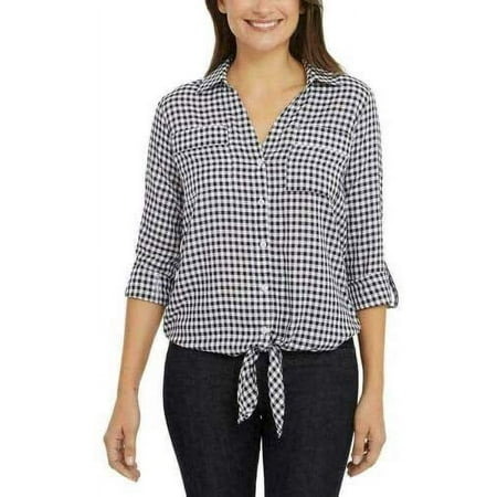 Jones NY Womens Front Tie Buttom Down Blouse Top - Black - XXL