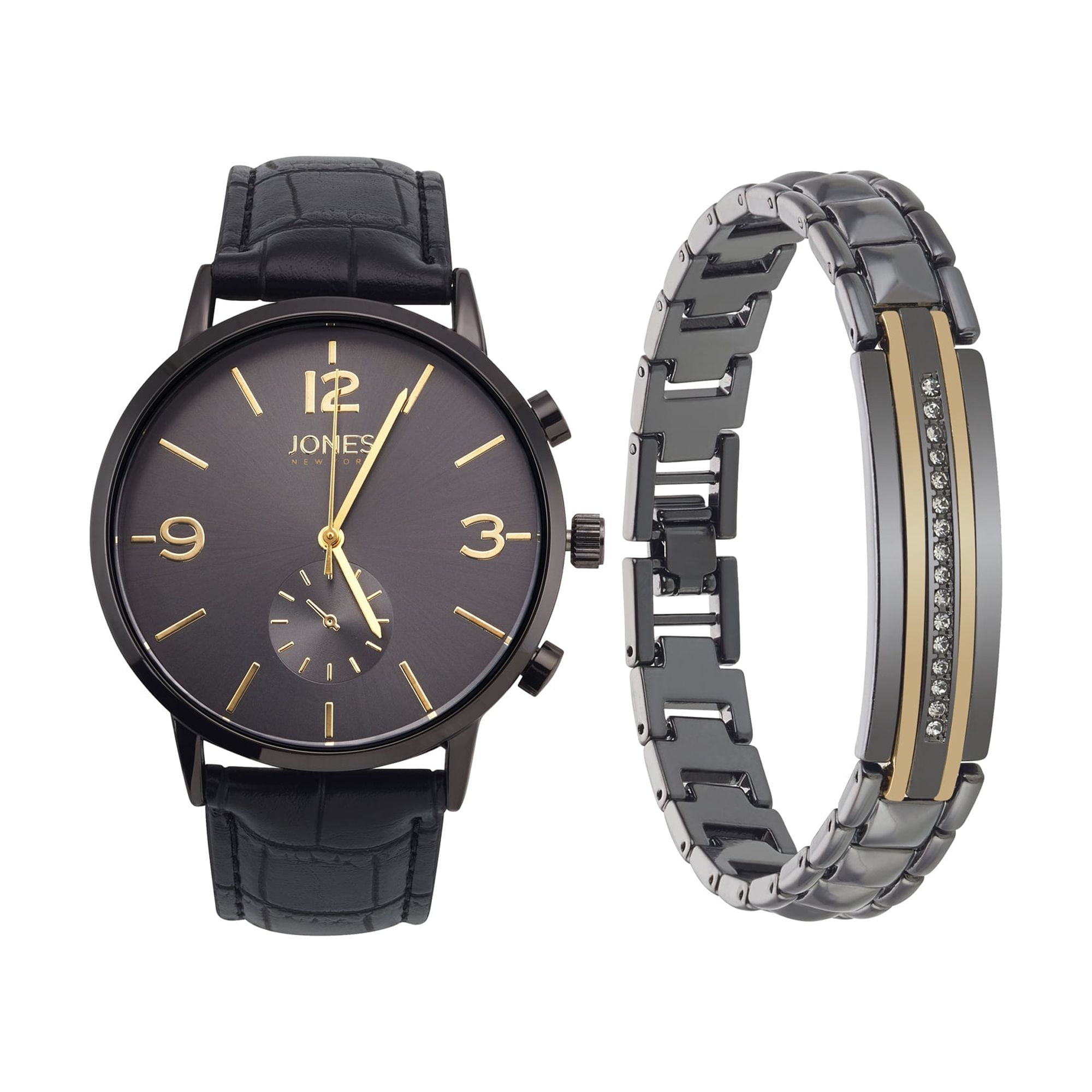 Jones New York Men's Analog Black PU Watch and Bracelet Set 42mm