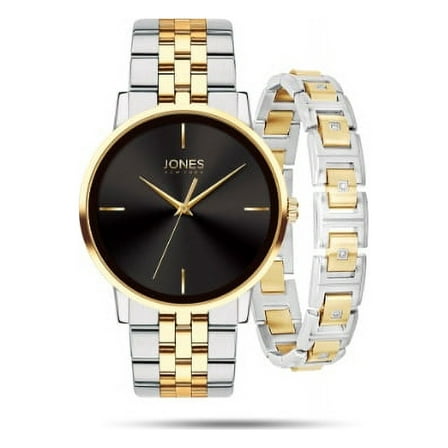 Jones New York Men's Quartz Movement Metal Analog Watch and Bracelet Set, Black/Gold/Silver