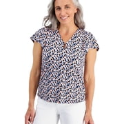Jones New York Womens Printed Flutter Sleeve Jersey, Blue, Petite, PP/PXS