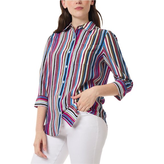 Jones New York Petite Striped 3/4-Sleeve Shirt, Women's Petite, Large