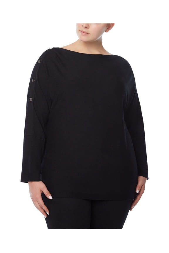 Plus Size Boat Neck Button Detail Top Jones Black 1X
