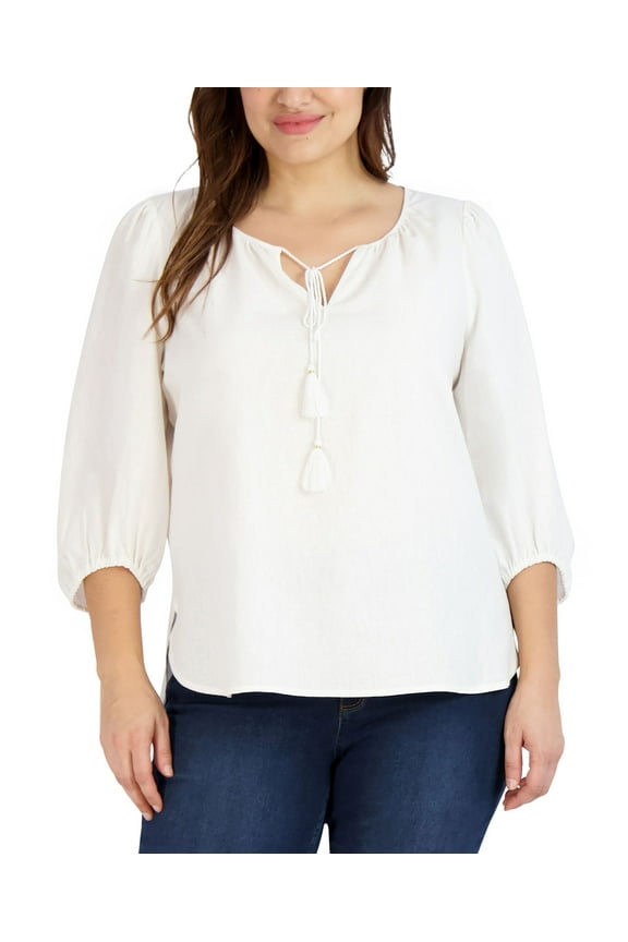 Plus Size Linen Tie Neck Tassel 3/4 Sleeve Blouse Nyc White 2X