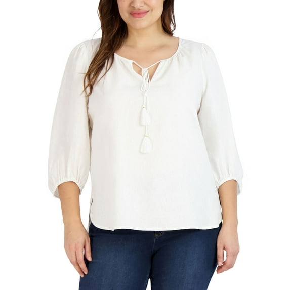 Jones New York Plus Size Linen Tie Neck Tassel 3/4 Sleeve Blouse Nyc White 2X