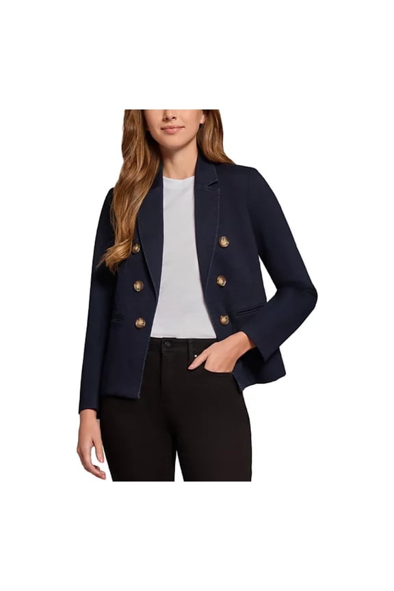 Women's Denim Faux Double-Breasted Jacket Dark Blue (Dark Blue, PM)