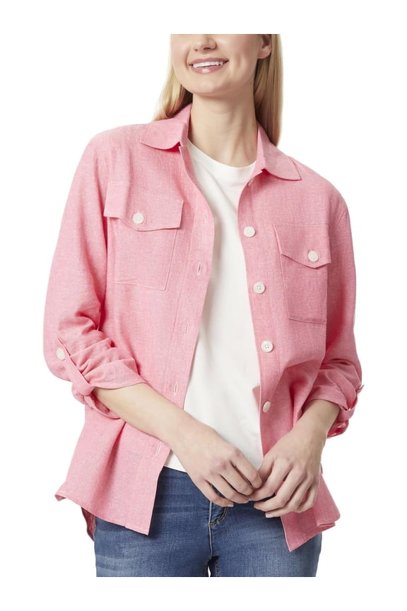 Womens Collared Heathered Button-Down Top