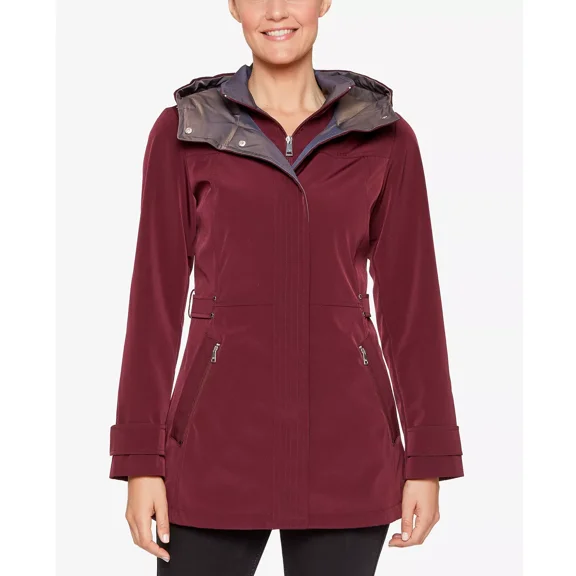 Jones New York Womens Colorblocked Hooded A-Line Raincoat, Burgundy, Small
