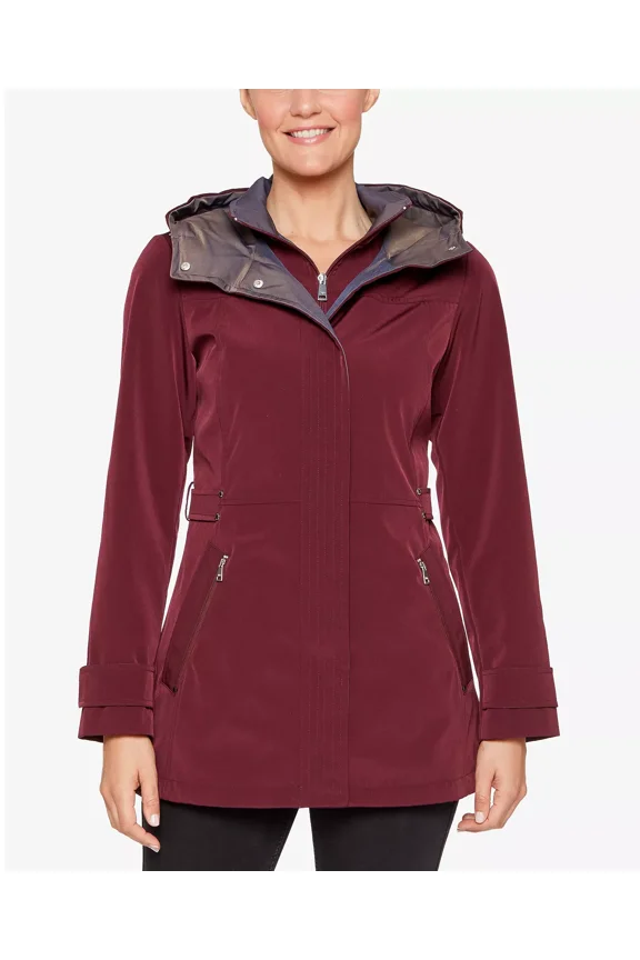 Womens Colorblocked Hooded A-Line Raincoat, Burgundy, Small