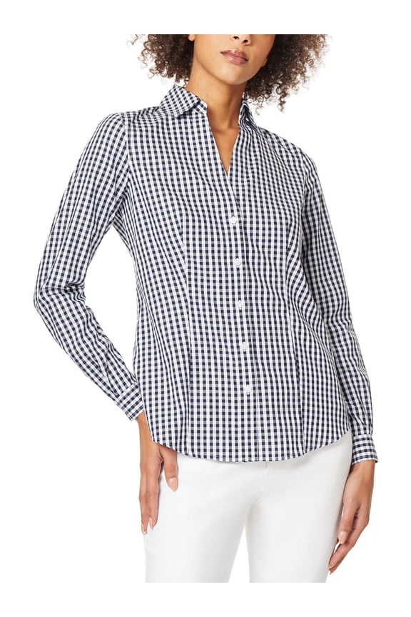Jones Womens Gingham Long Sleeve Collared Button Down Blouse Navy/Nyc WhiteS