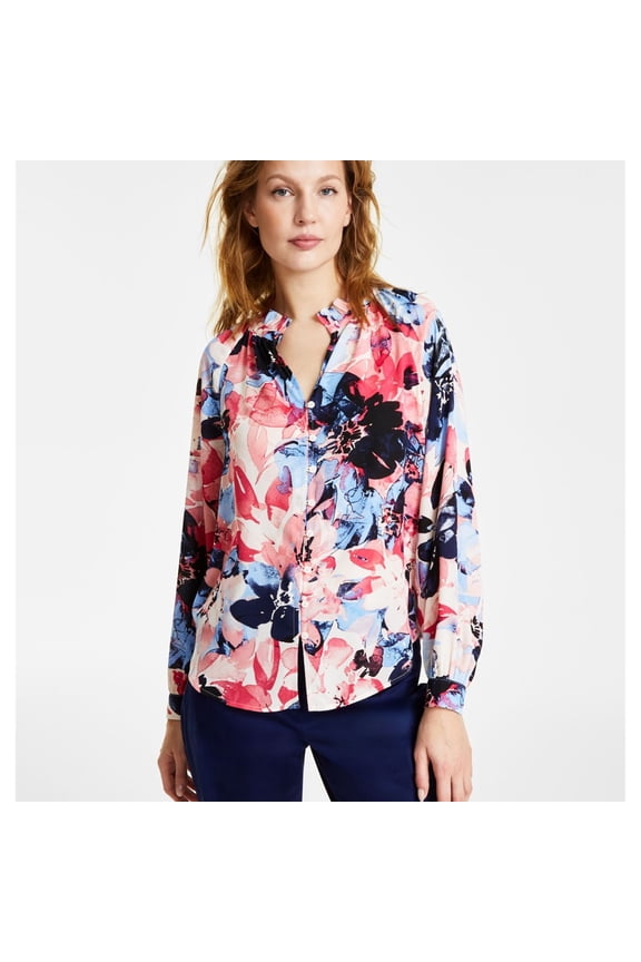 Womens Floral Button Down Blouse, Multicoloured, Petite, PM