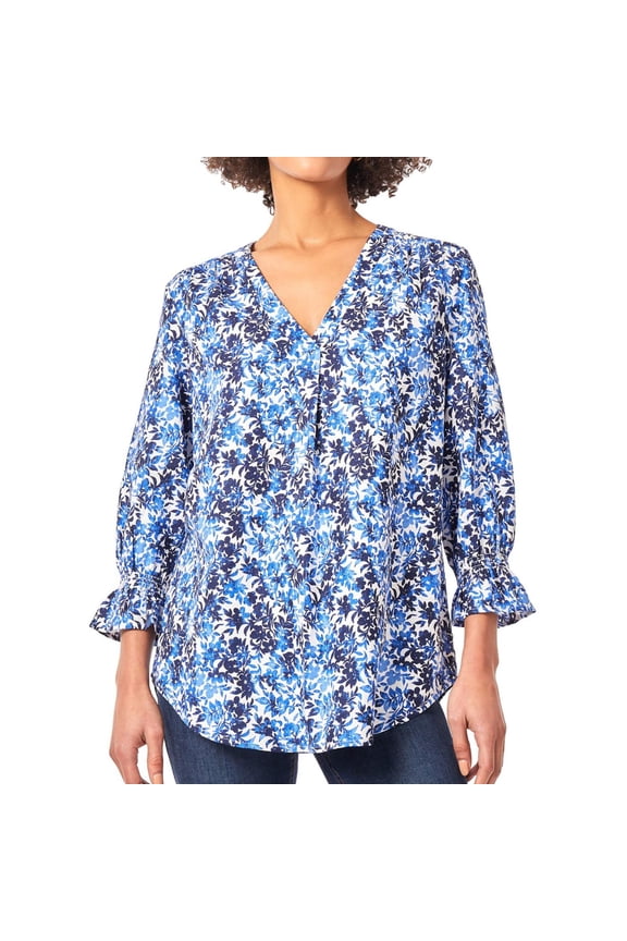 Womens Floral, Linen Peasant Blouse, Blue, Petite, PM