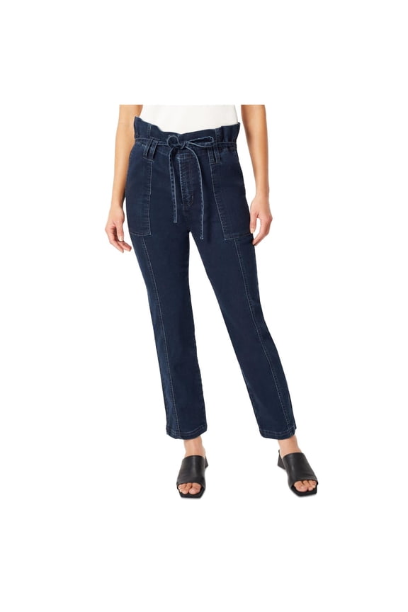 Womens Belted Paperbag Waist Curvy Fit Jeans, Blue, 8