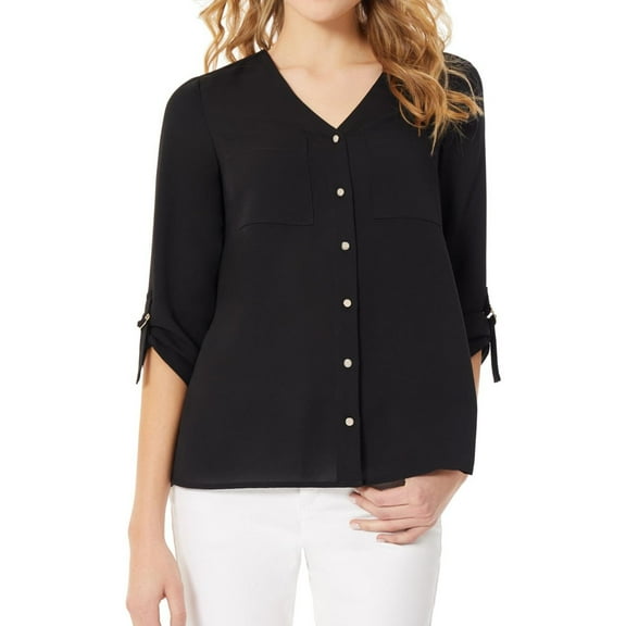 Jones New York Womens Jasper Roll Cuff Knit Blouse, Black, Petite, PM