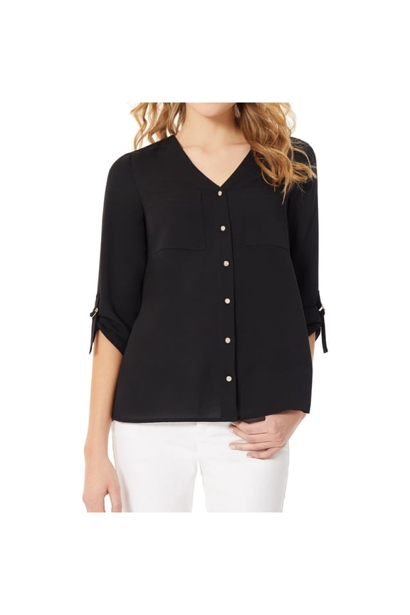 Womens Jasper Roll Cuff Knit Blouse, Black, Petite, PM