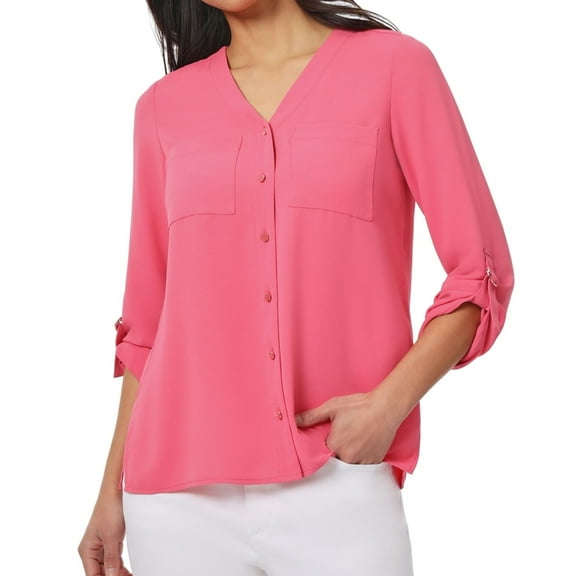 Jones New York Womens Jasper Roll Cuff Knit Blouse, Pink, Petite, PP/PXS