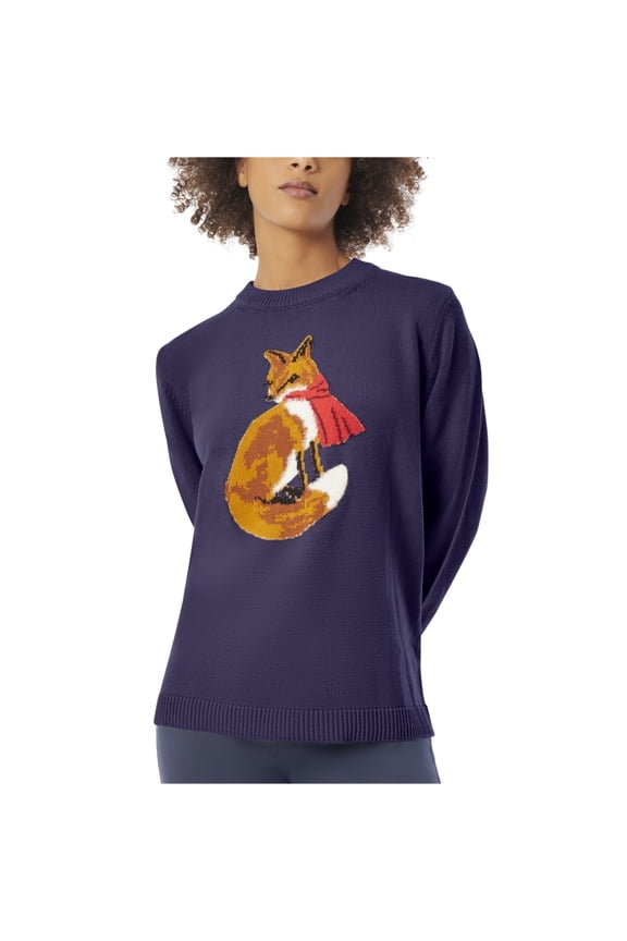 Womens Fox Knit Sweater, Blue, Petite, PP/PXS
