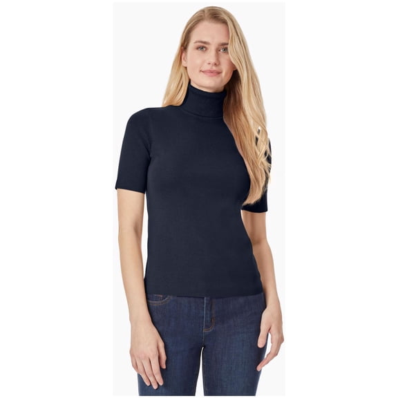 Jones New York Womens Short Sleeve Mock Neck Pullover Sweater, Blue, Petite, PP/PXS