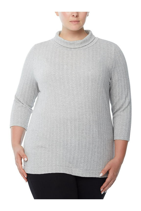 Plus Size Cable Knit Mock Neck Sweater Grey Heather 1X