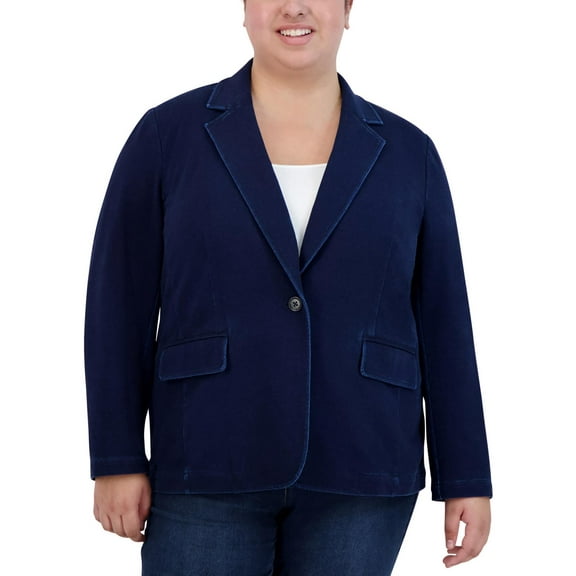 Jones New York Womens Plus Denim Collared One-Button Blazer