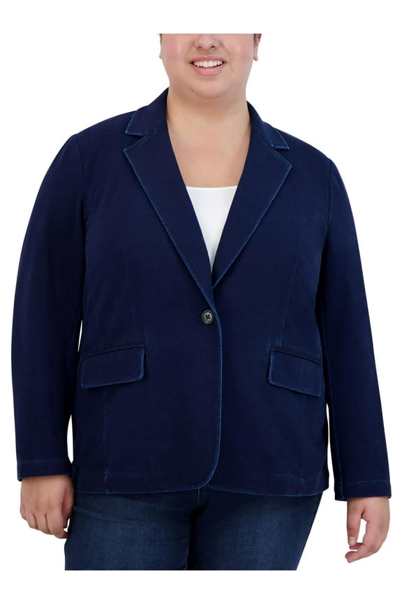 Womens Plus Denim Collared One-Button Blazer