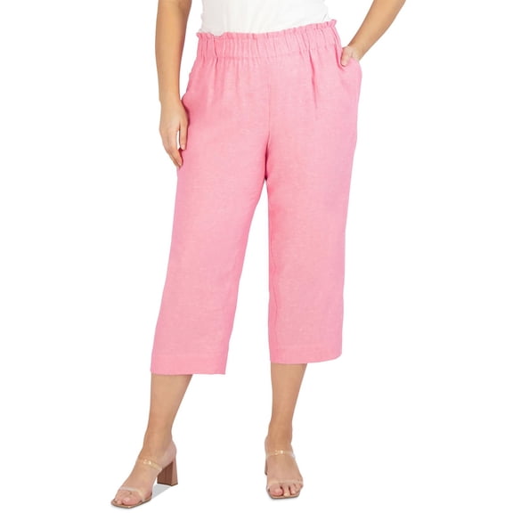 Jones New York Womens Plus Linen Smocked Waist Cropped Pants