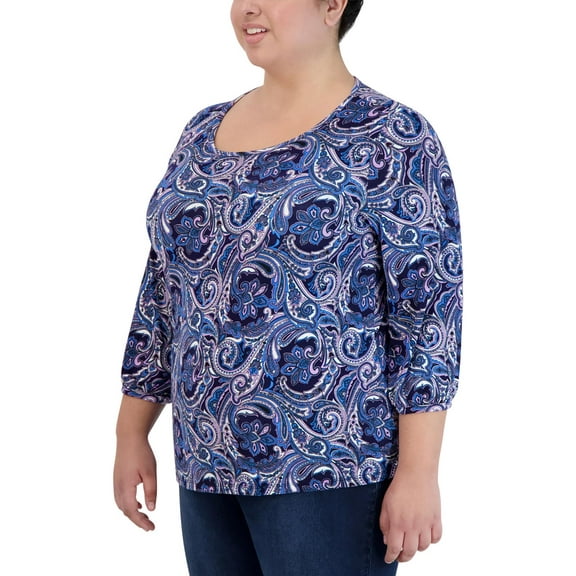 Jones New York Womens Plus Paisley Boat Neck Blouse