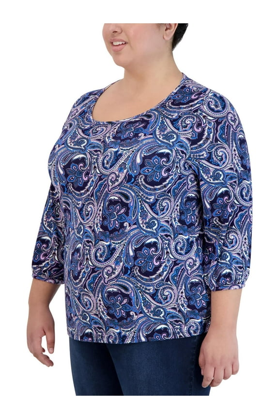 Womens Plus Paisley Boat Neck Blouse
