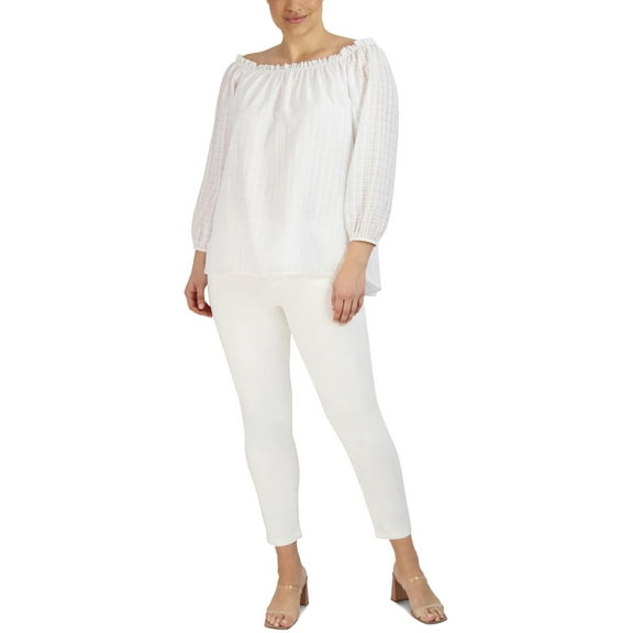 Jones New York Womens Plus Ruched Wide Neck Blouse