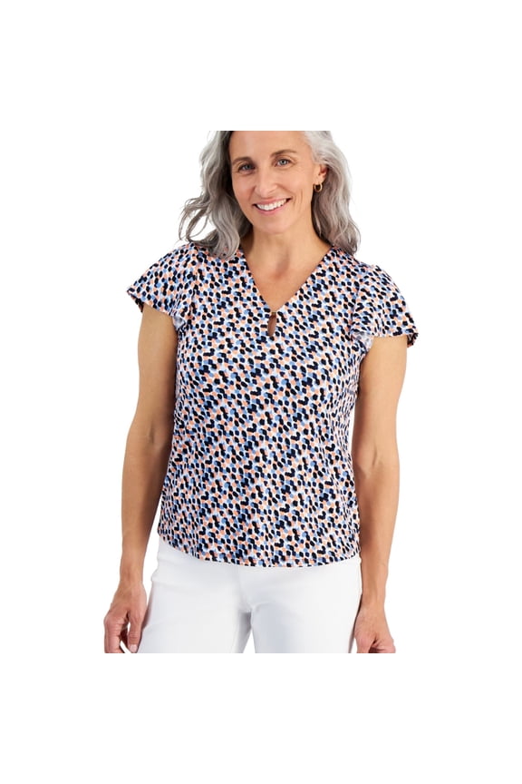 Womens Printed Flutter Sleeve Jersey, Blue, Petite, PL