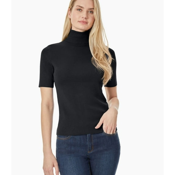 Jones New York Womens Short Sleeve Mock Neck Pullover Sweater, Black, Petite, PL
