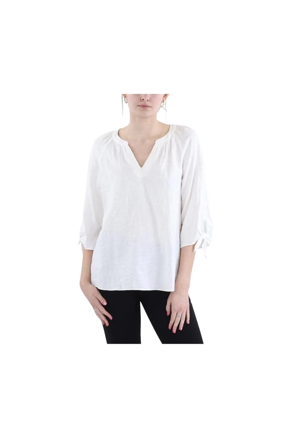 Womens Solid Tie Sleeve Tunic Blouse, White, Petite, PM