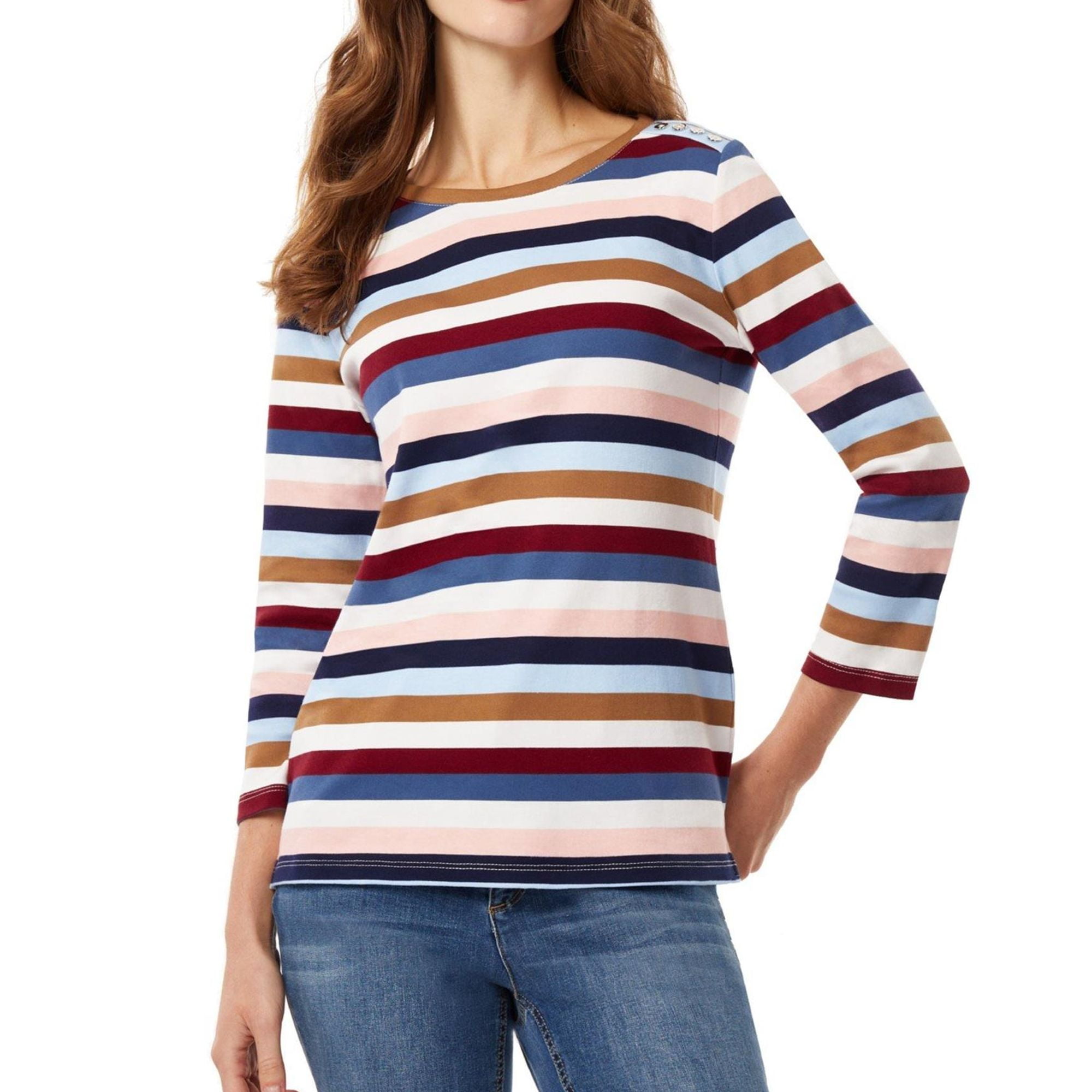 JONES NEW YORK Womens Stripe Button Shoulder Embellished T-Shirt, Multicoloured, Medium