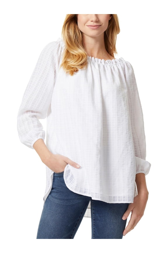 Womens White Smocked Ruffled Elastic Cuffs Lined Vented Hem Long Sleeve Boat Neck Blouse S