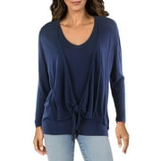Women's Tie Front Twofer Sweater Collection Navy Large