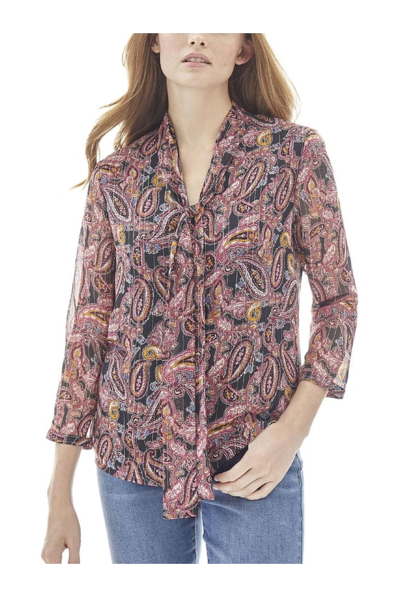 Womens Tie Neck Metallic Blouse