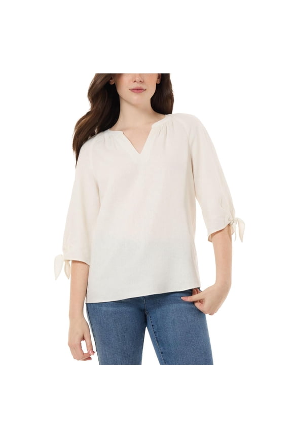 womens Elbow Sleeve Linen-Blend Blouse, XL, White