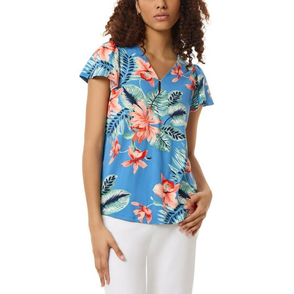 Jones New York womens  Flutter Sleeve Top, L, Blue