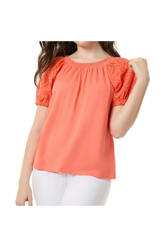 Womens Eyelet Puff Sleeve Knit Blouse, Orange, Small