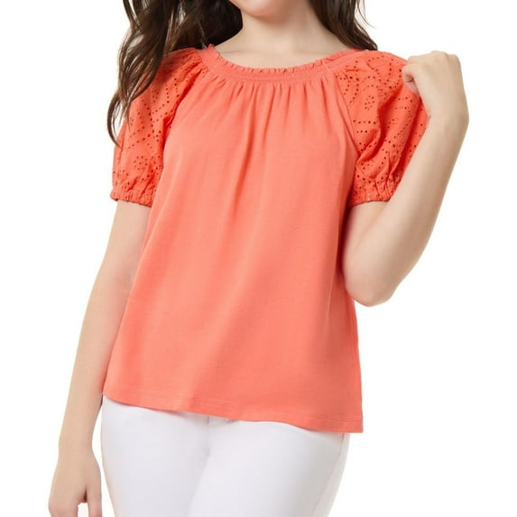 Jones New York Womens Eyelet Puff Sleeve Knit Blouse, Orange, X-Small