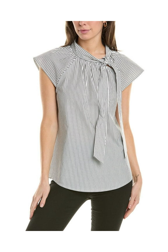 Womens Cotton Striped Bow-Nec Jones BlackNYC White L