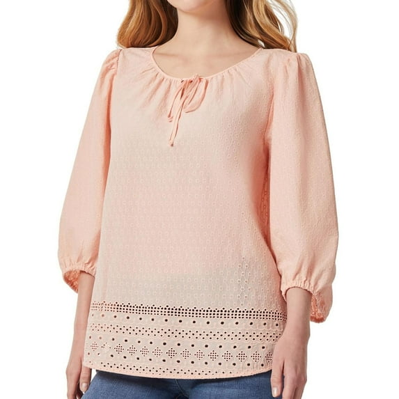Jones New York Womens Pointelle Tie Neck Baby Doll Blouse, Pink, Small