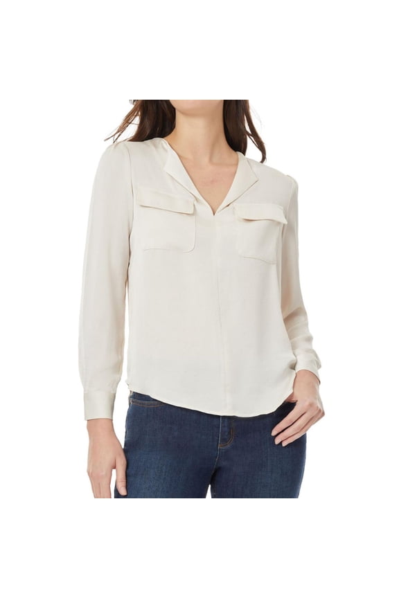 Womens Simplified Utility Pullover Blouse, Beige, X-Small