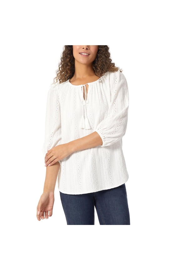 Womens Eyelet Tie Neck Knit Blouse, White, X-Small