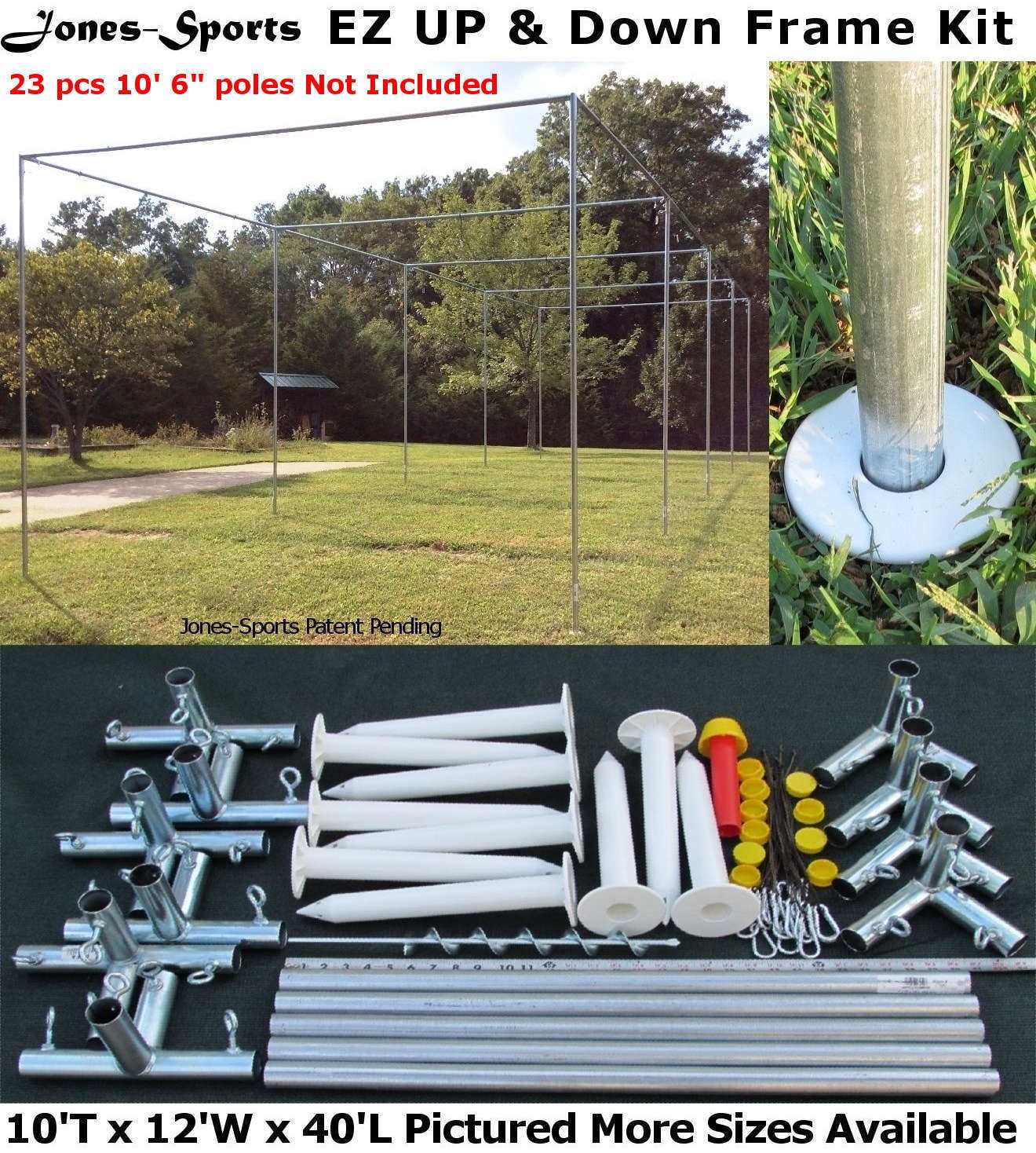 Jones-Sports Batting Cage Frame Kit 10' x 12' x 40' EZ UP & DOWN Frame ...